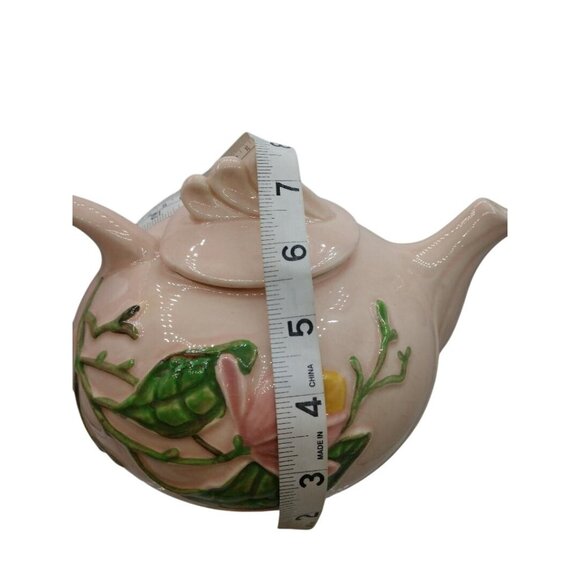Vintage Ceramic  Hull Teapot & Creamer With Embossed Pink Blossoms And Green Lea - Picture 4 of 7